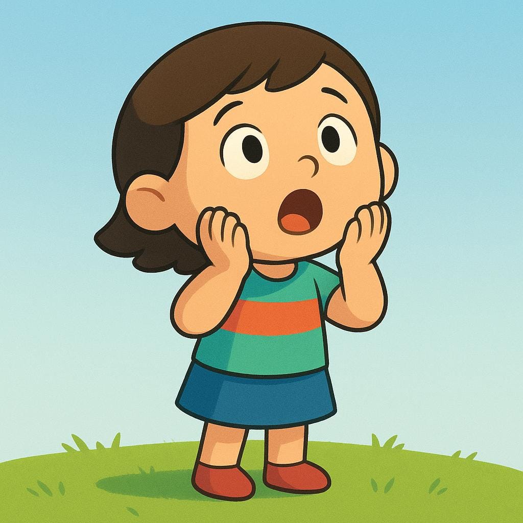 A simple, stylized character standing on green ground, looking upward with a shocked expression, hands held near their face in a gesture of profound surprise.