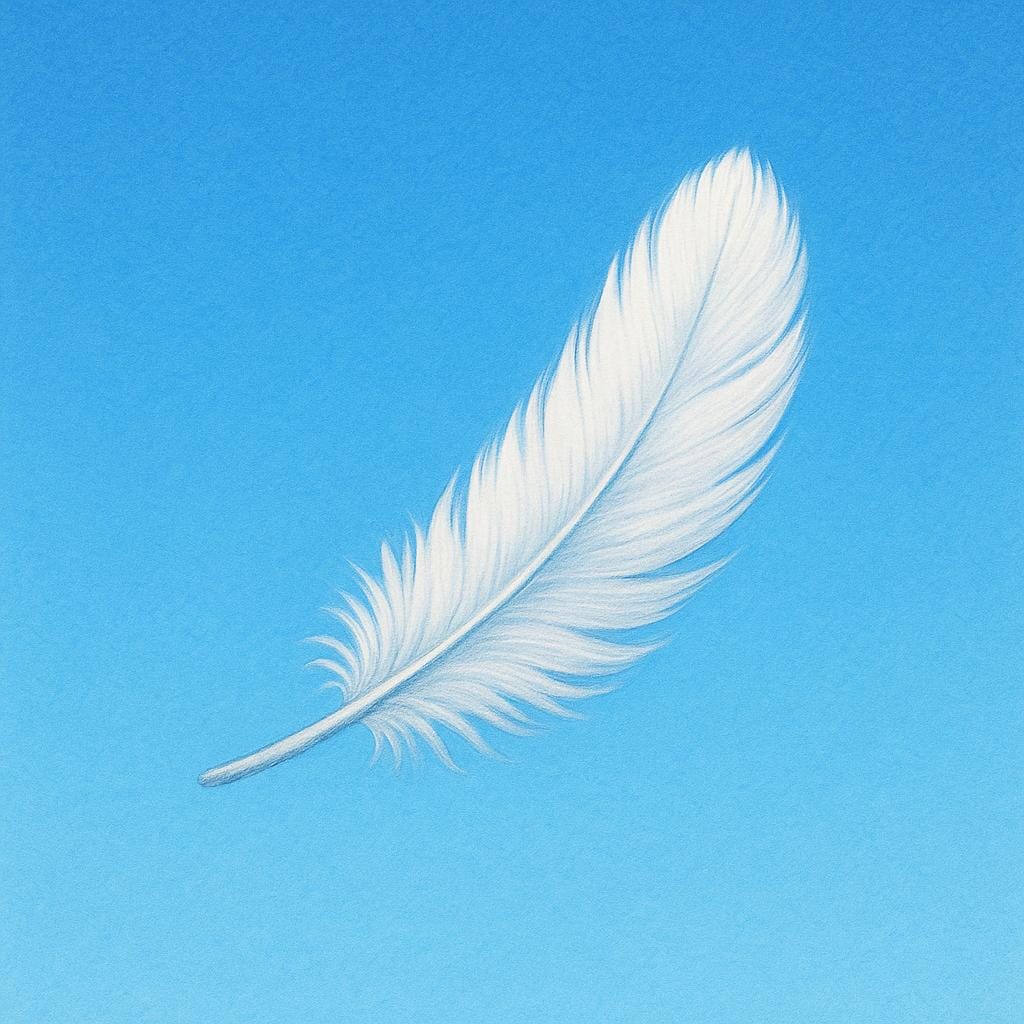 A large white feather drifts slowly in the air against a bright blue background, illustrating minimal weight.
