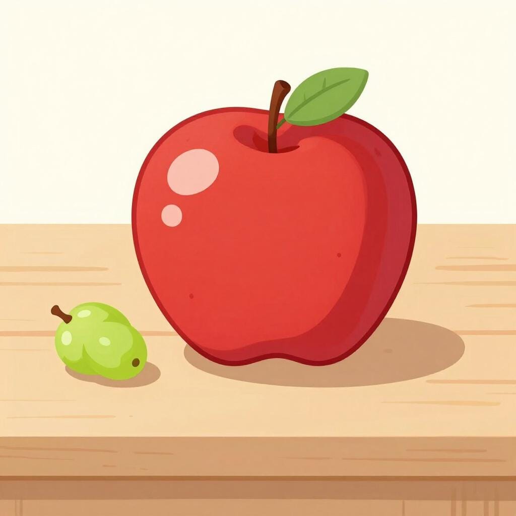 巨大で鮮やかな赤いリンゴの隣に小さな緑のブドウがあり、サイズに大きな違いがあることを示しています。