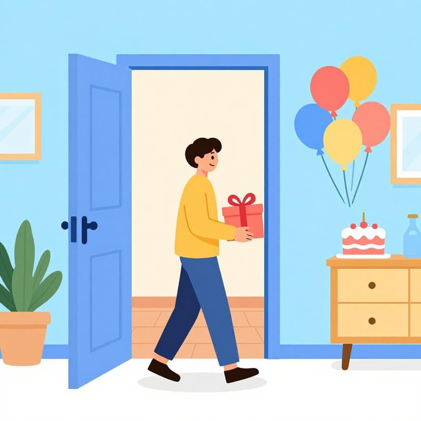 Uma pessoa chegando a uma festa de aniversário festiva com um presente embrulhado nas mãos.