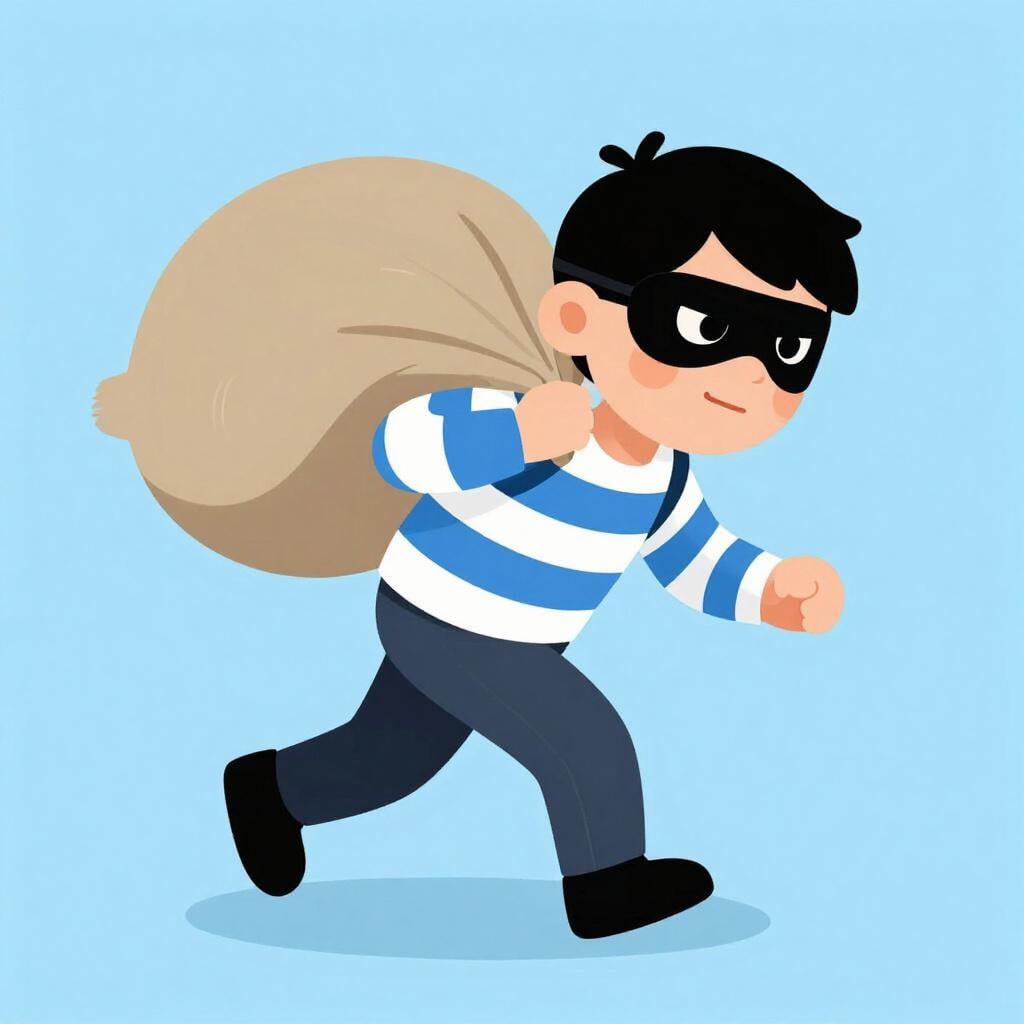 A sneaky person wearing a mask and a striped shirt carrying a bag of stolen goods.