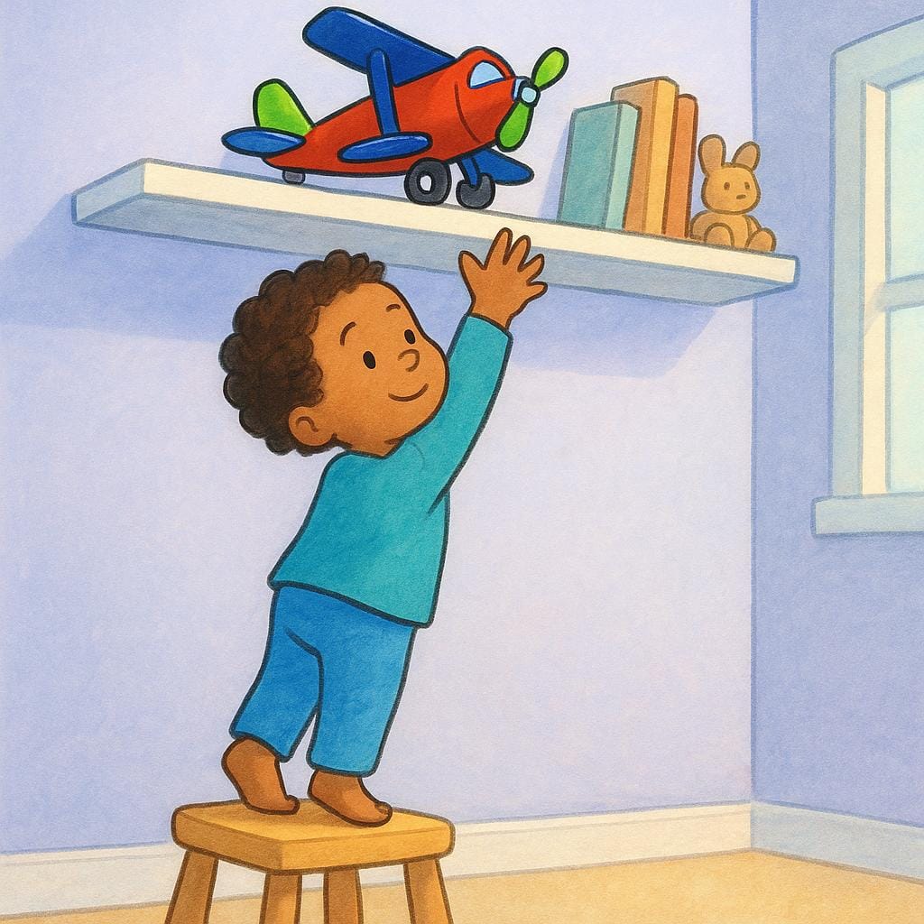 A child standing on a small stool, stretching their arms eagerly towards a brightly colored toy airplane resting on a high shelf, symbolizing a past desire.