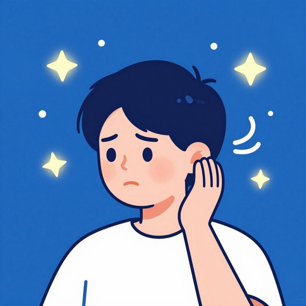 Een persoon die zijn hand naar zijn oor houdt met een verwarde uitdrukking en kleine sterretjes die rond hun hoofd zweven.