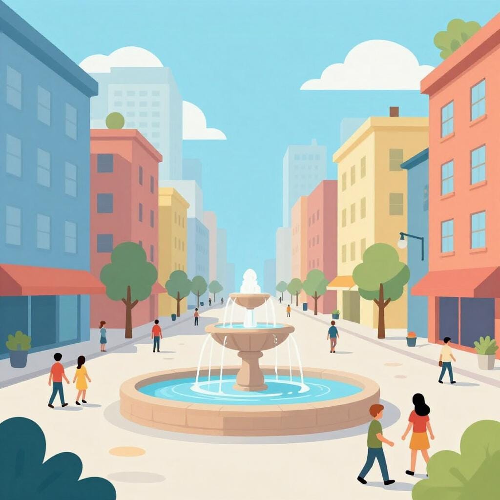 Uma rua vibrante com edifícios altos, montras coloridas e uma fonte numa pequena praça.