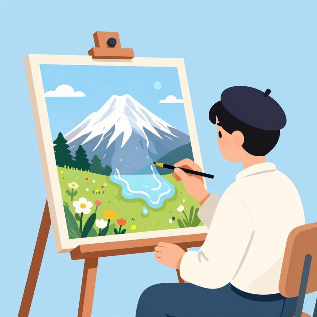 An artist wearing a colorful beret painting a melting mountain on a canvas.