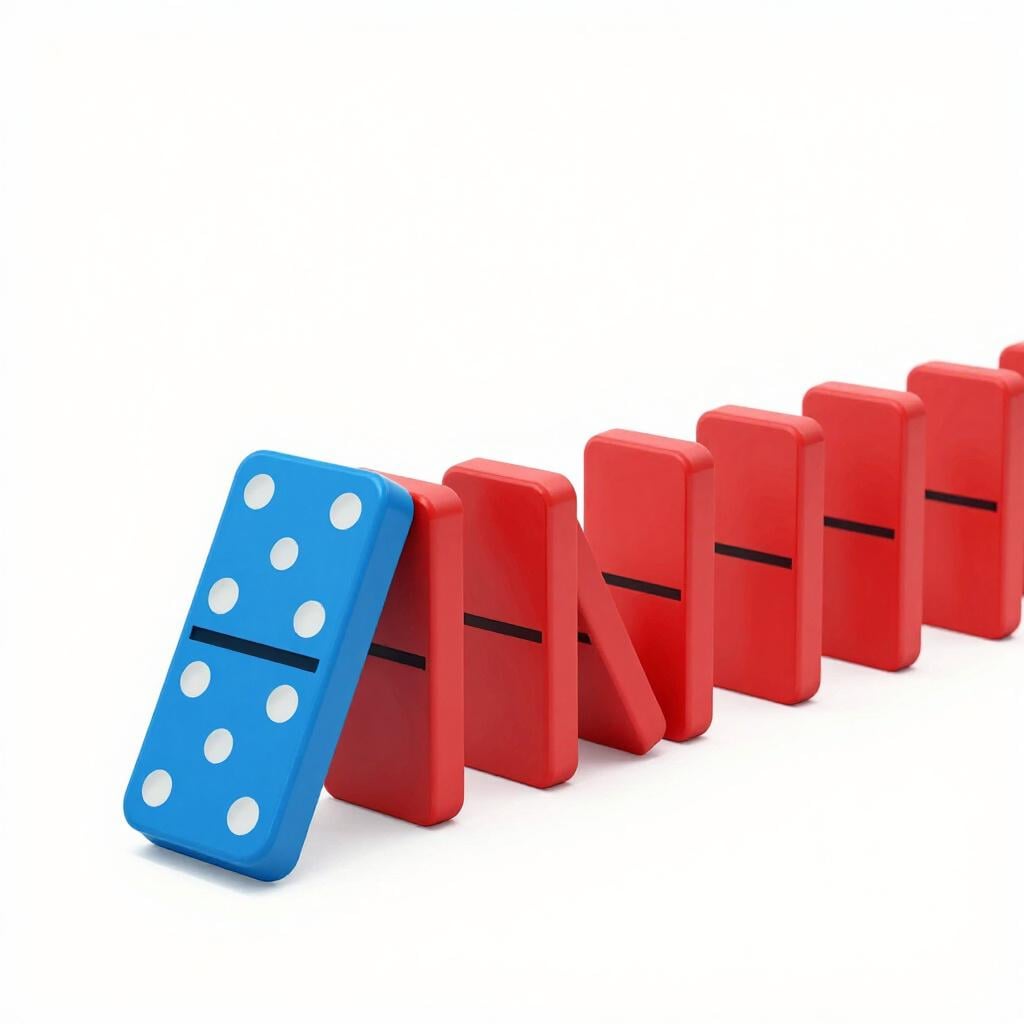A single blue domino falling and striking a row of red dominoes, causing them to tip over one by one.