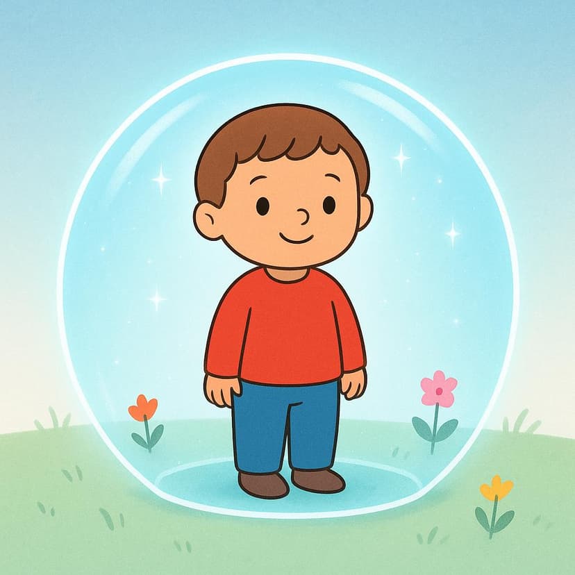A colorful illustration of a child enclosed within a glowing light blue protective shield or dome, symbolizing self-protection and care.