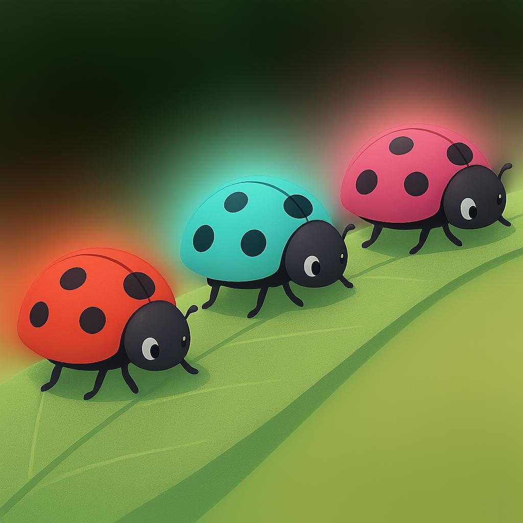 Three colorful ladybugs walking in a single file line on a curved green leaf, illustrating a sequence where the first two are preceding the third.