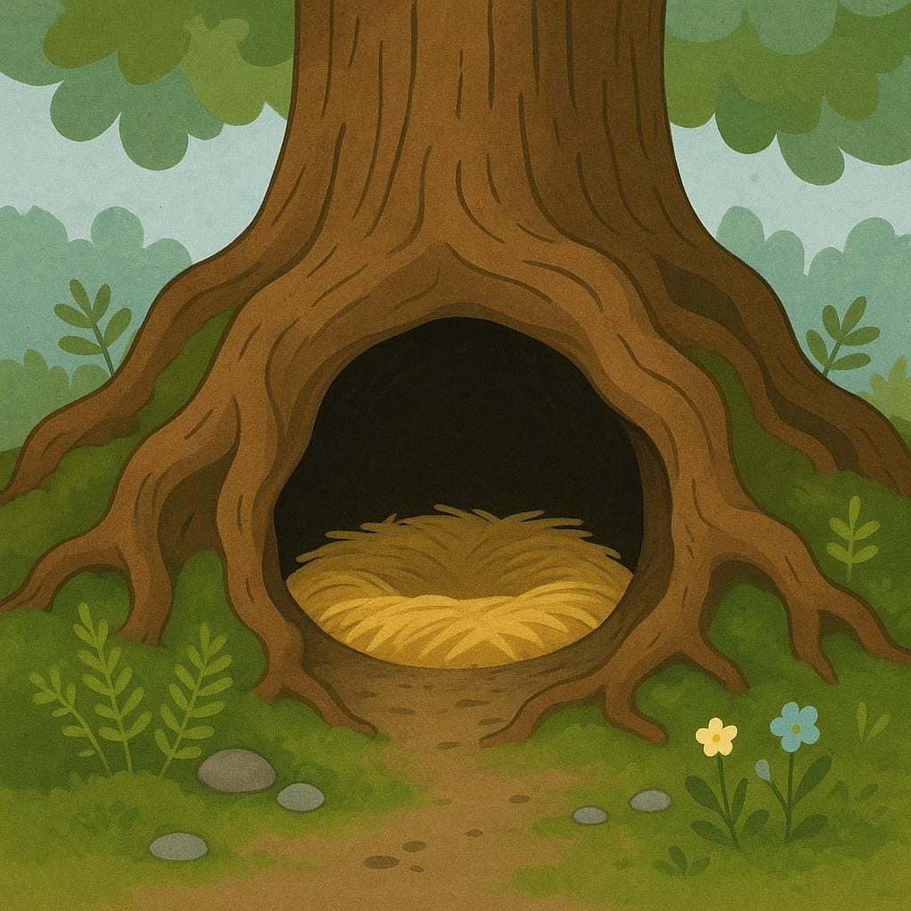 A cozy illustration of an animal den, showing a small hollow under large tree roots containing soft straw bedding.