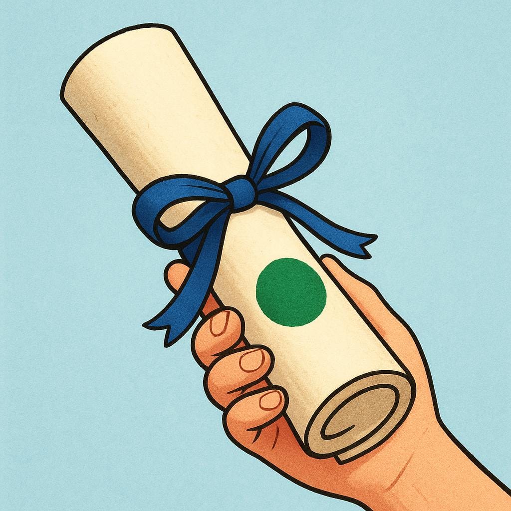 A hand holding a rolled-up, official-looking scroll tied with a ribbon, marked with a simple, large green circular stamp, symbolizing a positive conduct record.