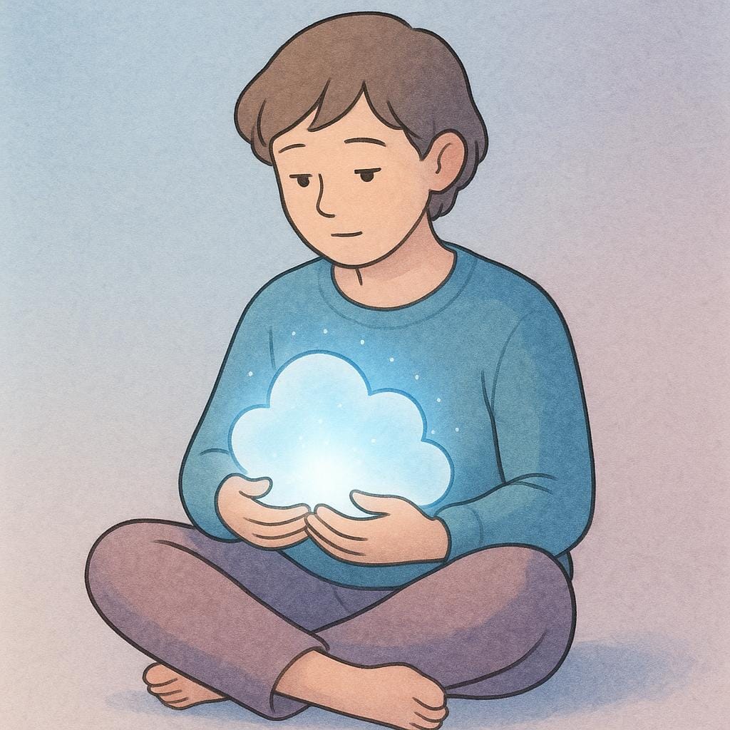 A storybook illustration of a sensitive person sitting alone, carefully holding a small, wispy, glowing blue cloud close to their body, showing they have internalized something.