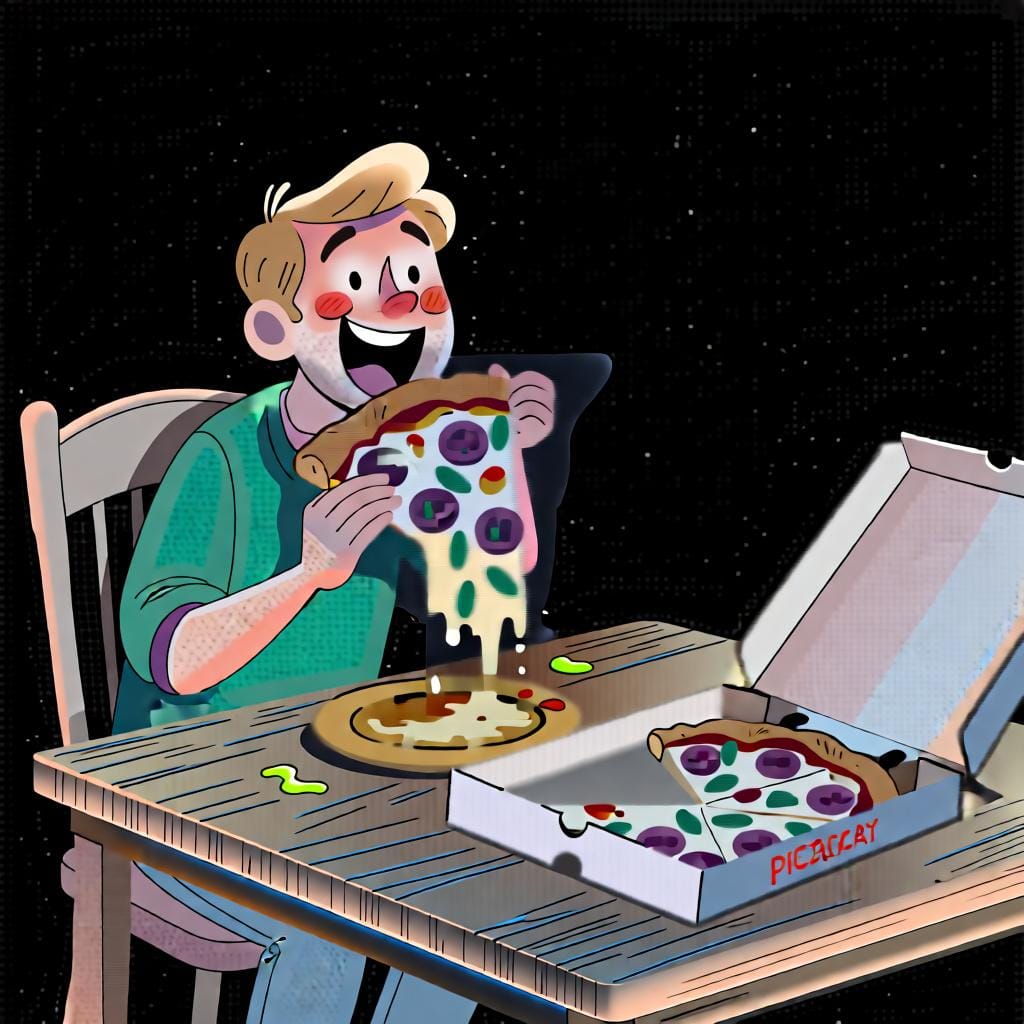 A person happily eating a large slice of pizza, with an empty pizza box nearby, to show the action was completed fully.