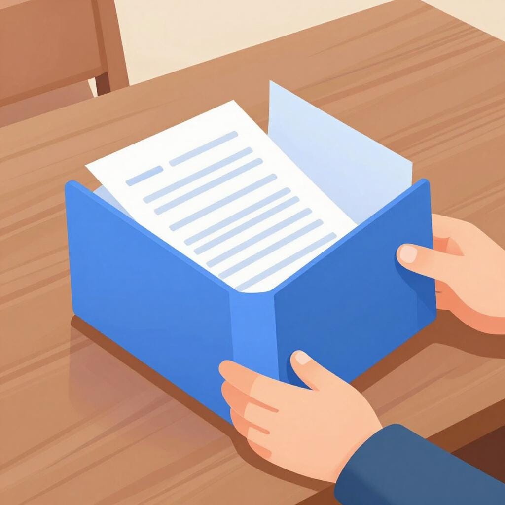 Eine Person öffnet einen dicken Ordner auf einem Holztisch.