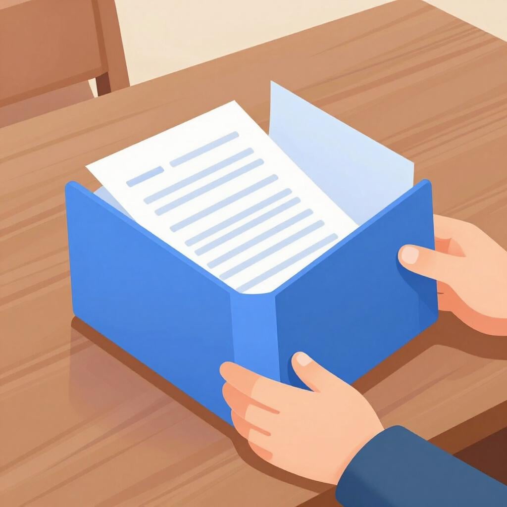 A person opening a thick folder on a wooden desk.