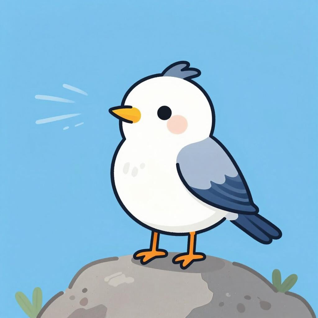 Een kleine, stevige vogel die met een vastberaden uitdrukking stevig tegen een sterke wind in staat.