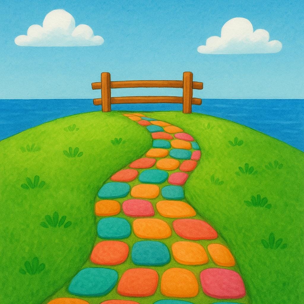 A simple, winding cobblestone path reaches an abrupt end at the edge of a grassy cliff overlooking the ocean, symbolizing a conclusion or final stage.