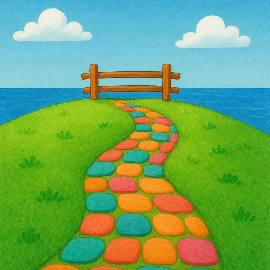 A simple, winding cobblestone path reaches an abrupt end at the edge of a grassy cliff overlooking the ocean, symbolizing a conclusion or final stage.