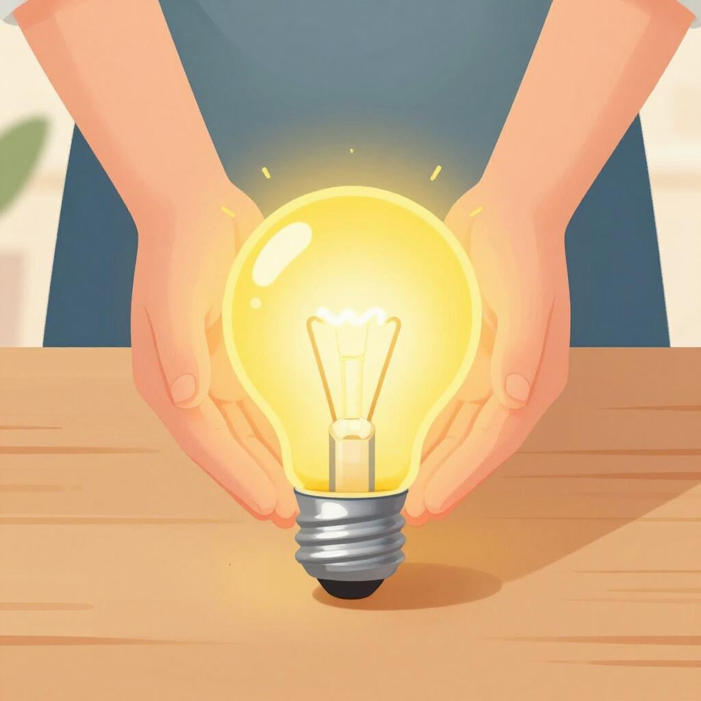 A person placing a bright, glowing lightbulb onto a table where others are gathered, representing bringing a new idea.