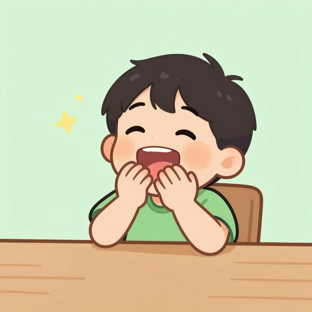 子供が両手で口を覆い、笑いをこらえている様子。