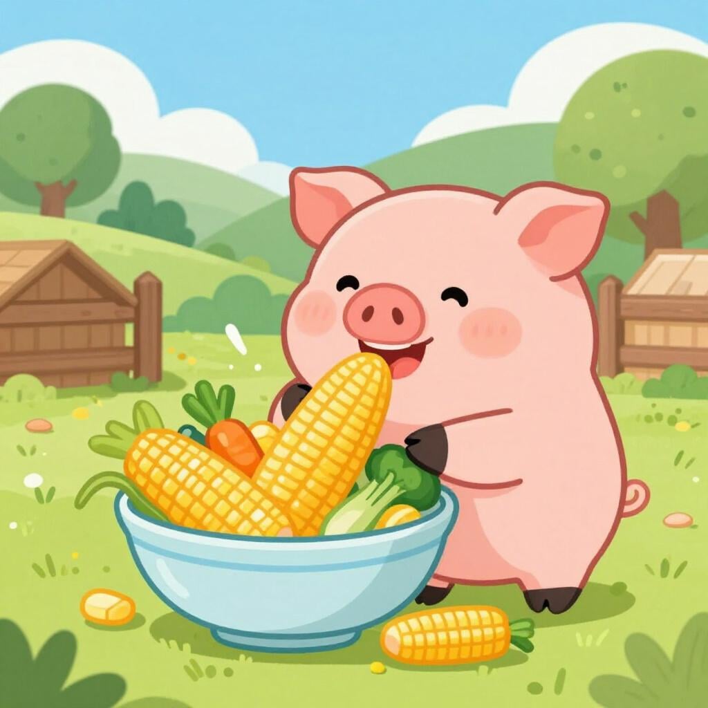 A happy pig eating a large pile of colorful vegetables and grain.