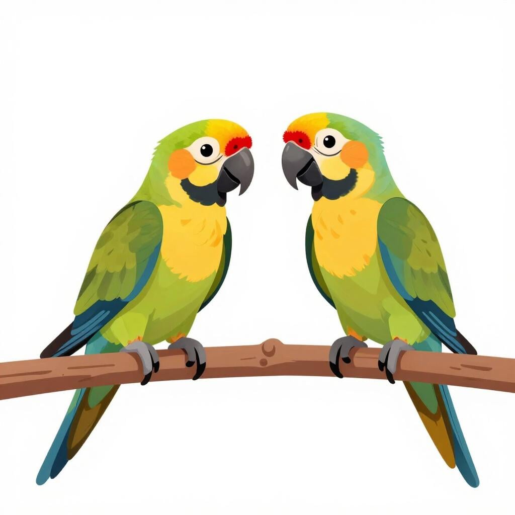 Two colorful birds sitting on a tree branch with their beaks open as if talking.