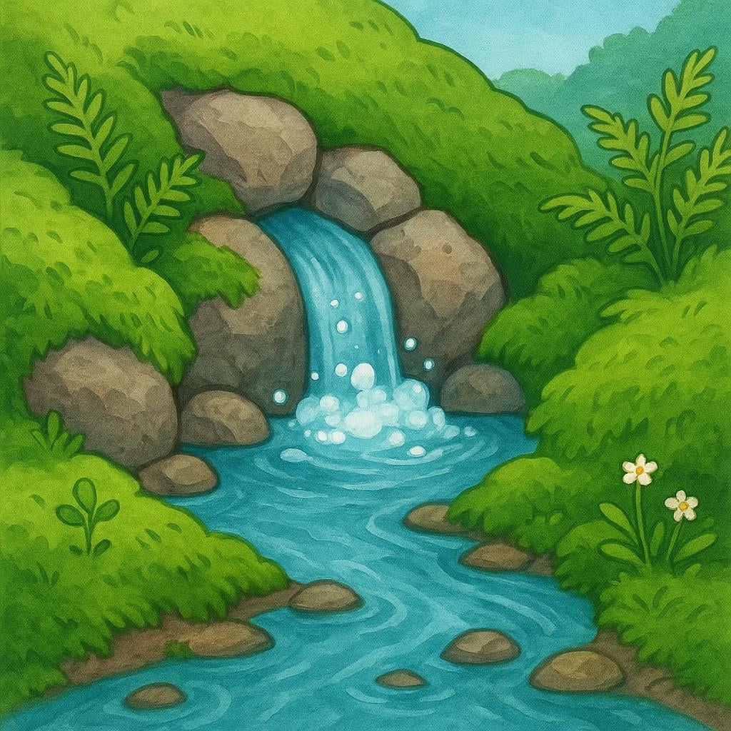 Clear fresh water bubbling out of the base of a rocky hill, surrounded by lush green moss and ferns, marking the source of a stream.