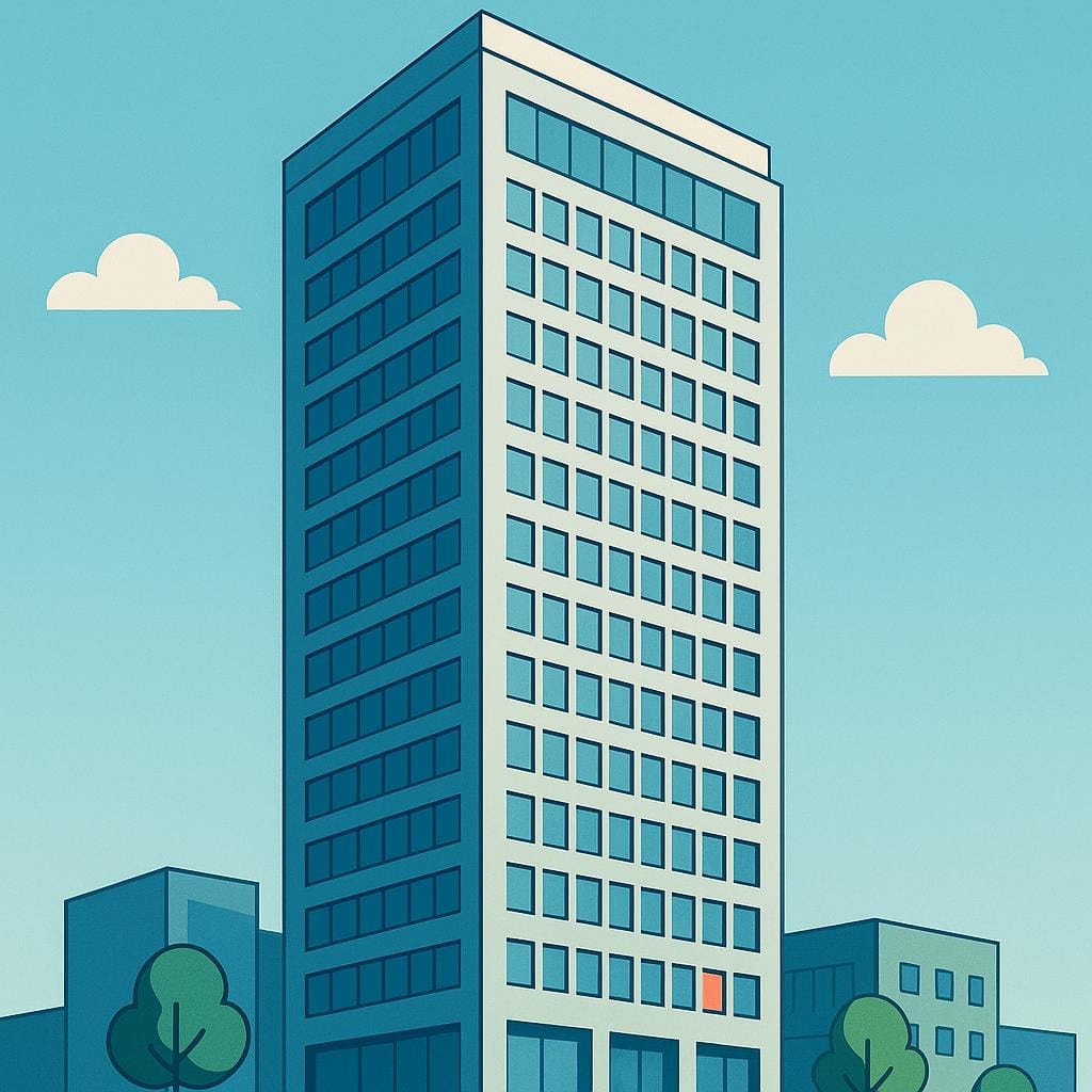 A tall, modern, stylized skyscraper representing a large corporate business, set against a bright blue sky.