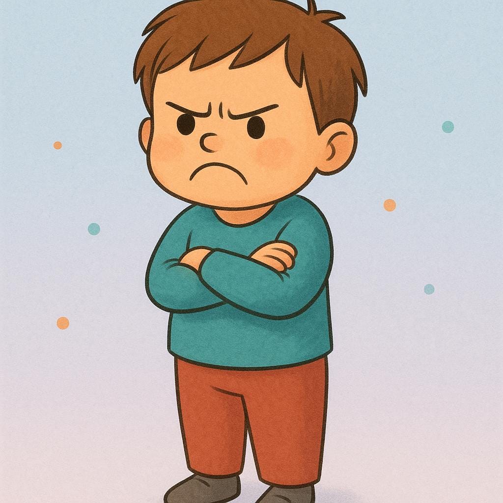 A disgruntled young child standing with crossed arms and a prominent frown, expressing clear dissatisfaction.