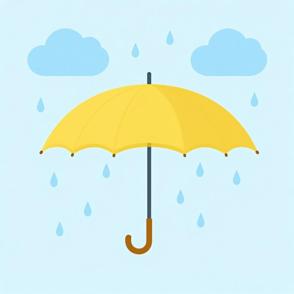 Een enkele gele paraplu die opvalt in een lichte regen met een paar verspreide wolken.