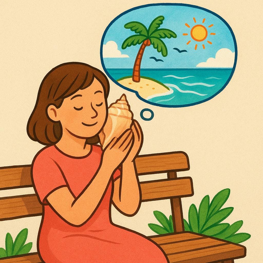 A woman sitting calmly, holding a large seashell, with a bright thought bubble above her head showing a clear, happy memory of a tropical beach.