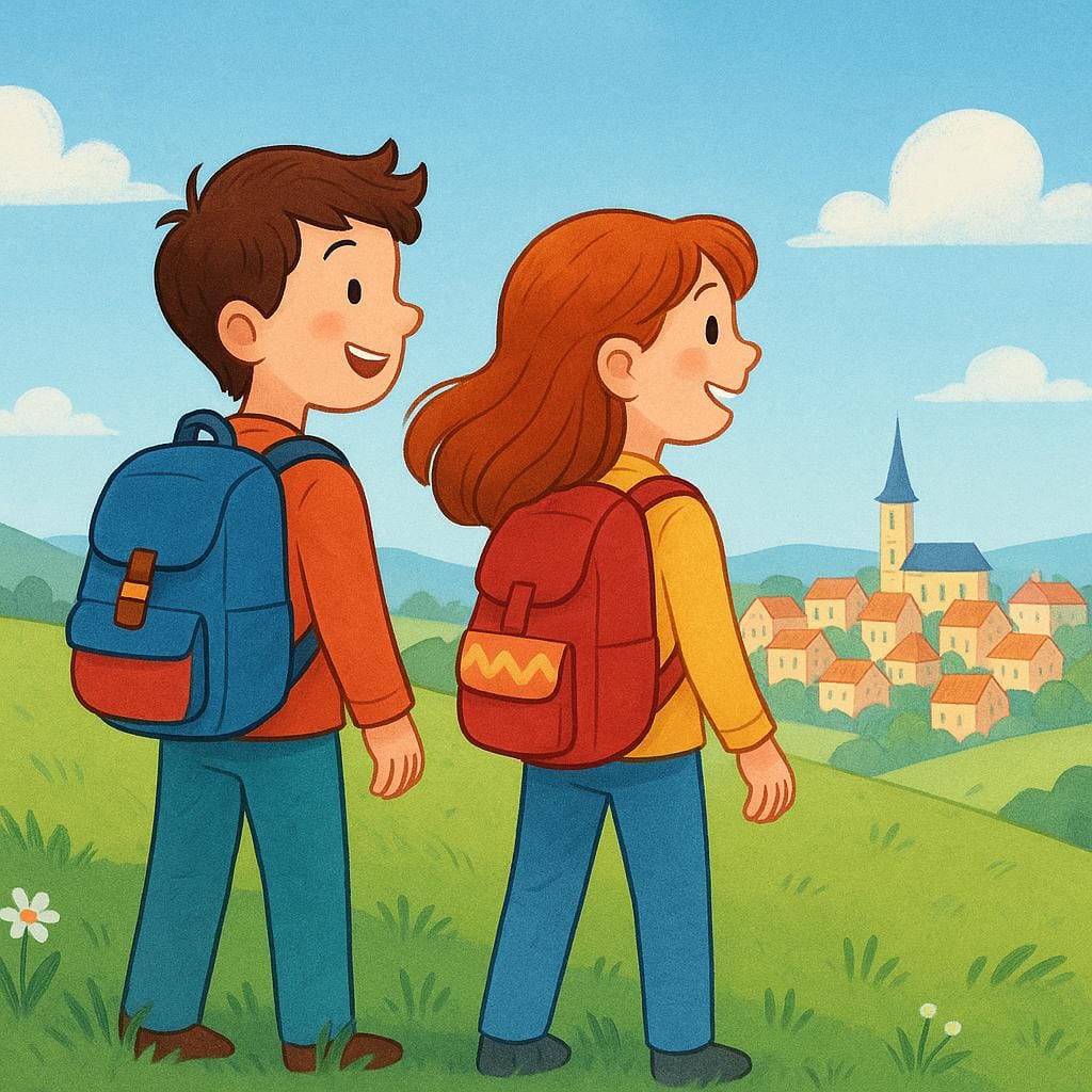 Two cheerful children, a boy and a girl, wearing hiking backpacks, standing on a grassy hill and looking toward a distant, sunlit town, symbolizing a future destination.