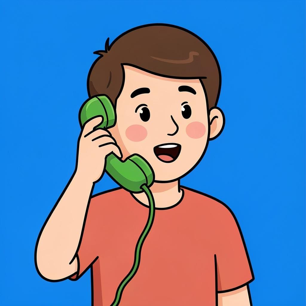 A person holding a green telephone receiver to their ear with a friendly expression.