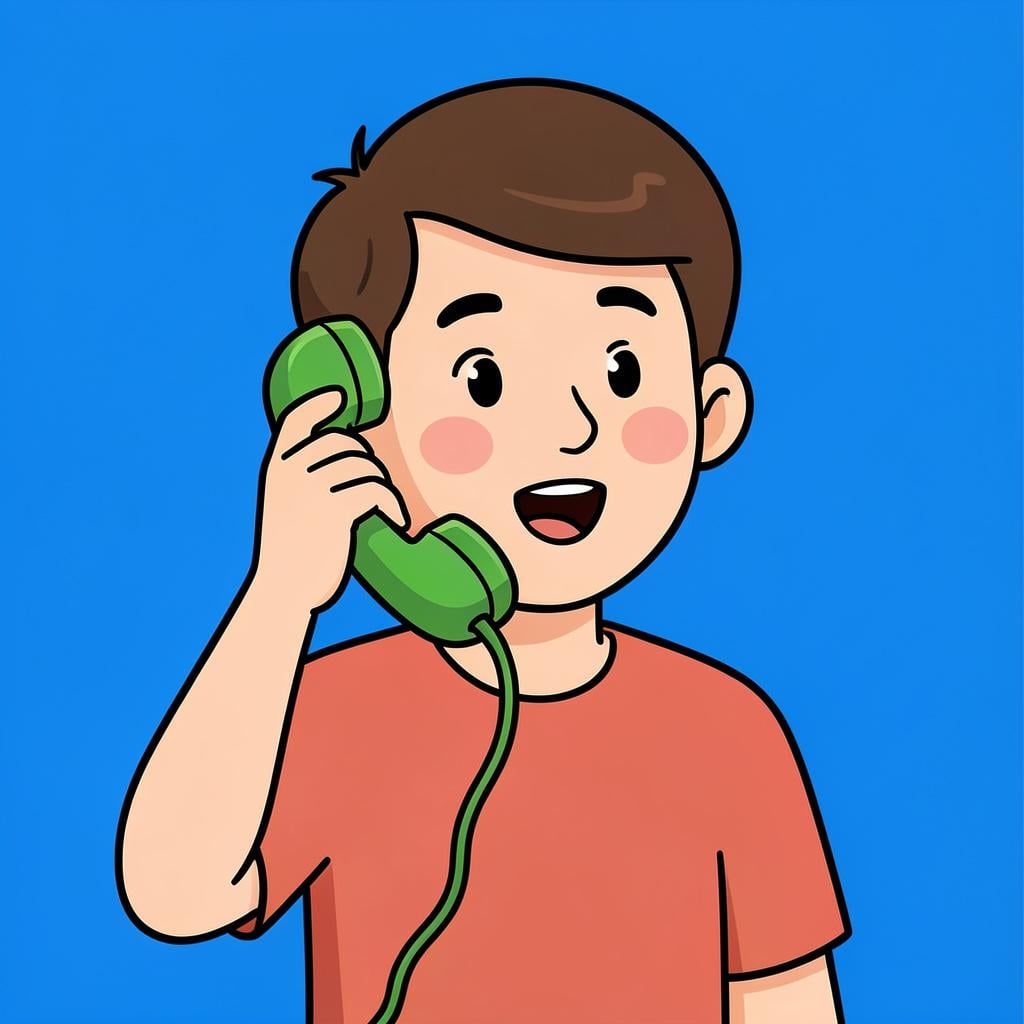 A person holding a green telephone receiver to their ear with a friendly expression.