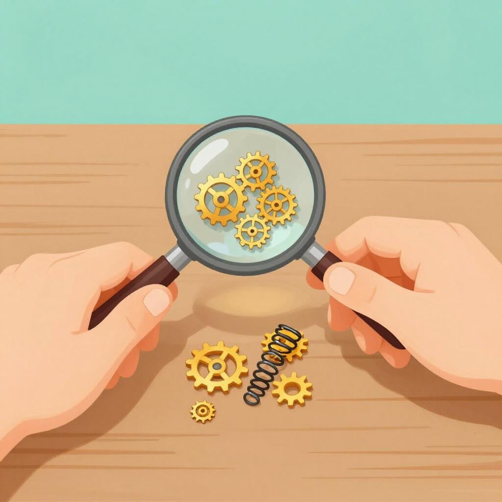 A person carefully using a magnifying glass to inspect a very detailed watch mechanism.