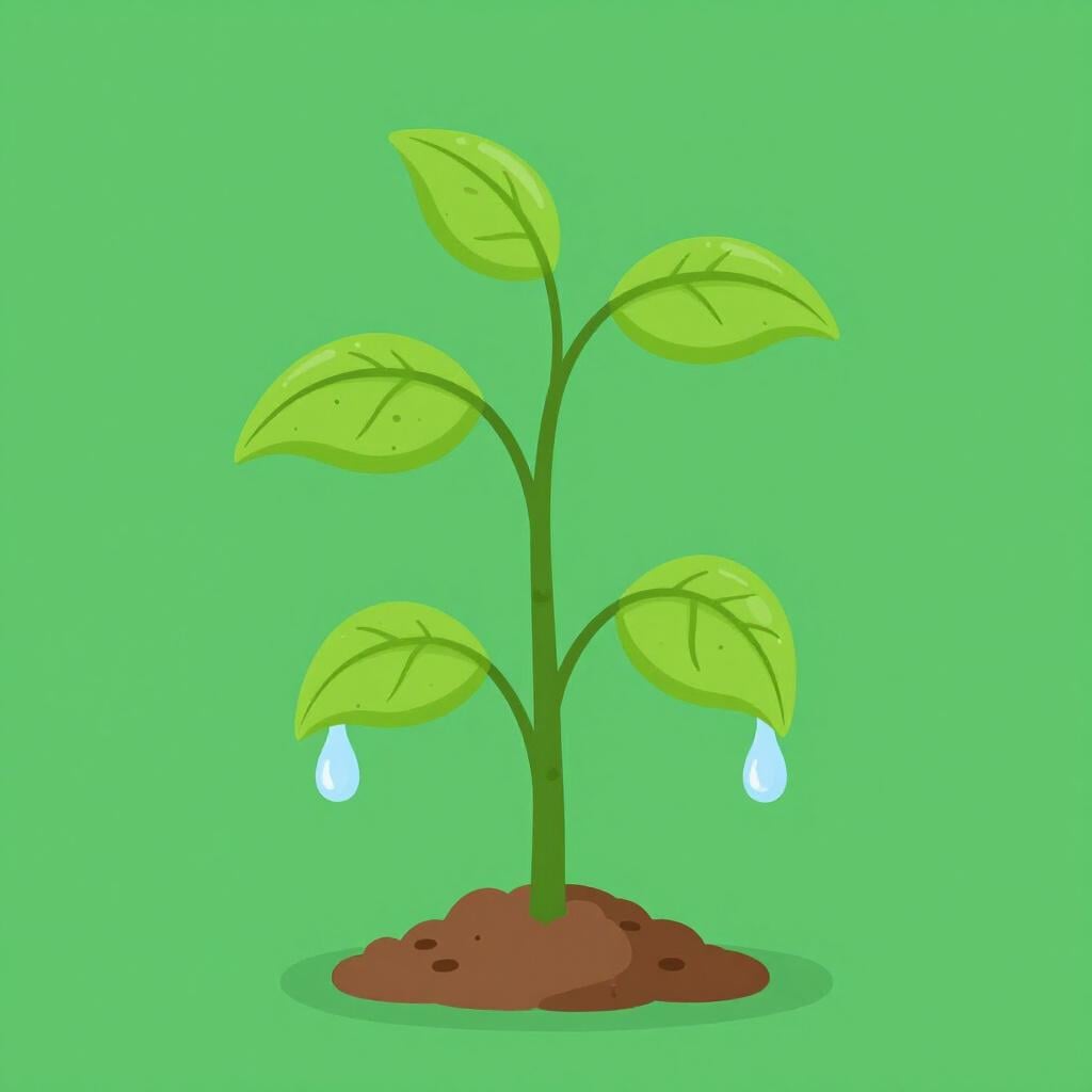 Een verwelkte plant in een pot die weer groen wordt en rechtop gaat staan terwijl er waterdruppels op vallen.