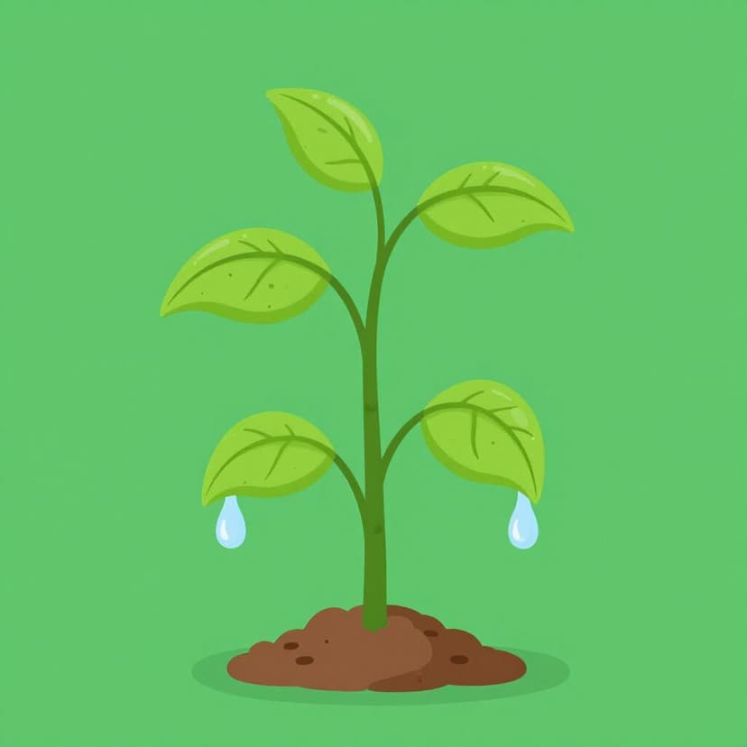 Een verwelkte plant in een pot die weer groen wordt en rechtop gaat staan terwijl er waterdruppels op vallen.