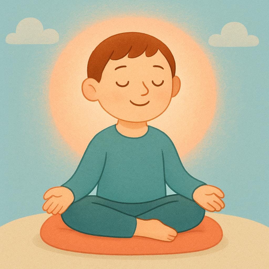 A peaceful illustration of a person sitting cross-legged, eyes closed, surrounded by a gentle, golden light, signifying a feeling of calm and contentment.