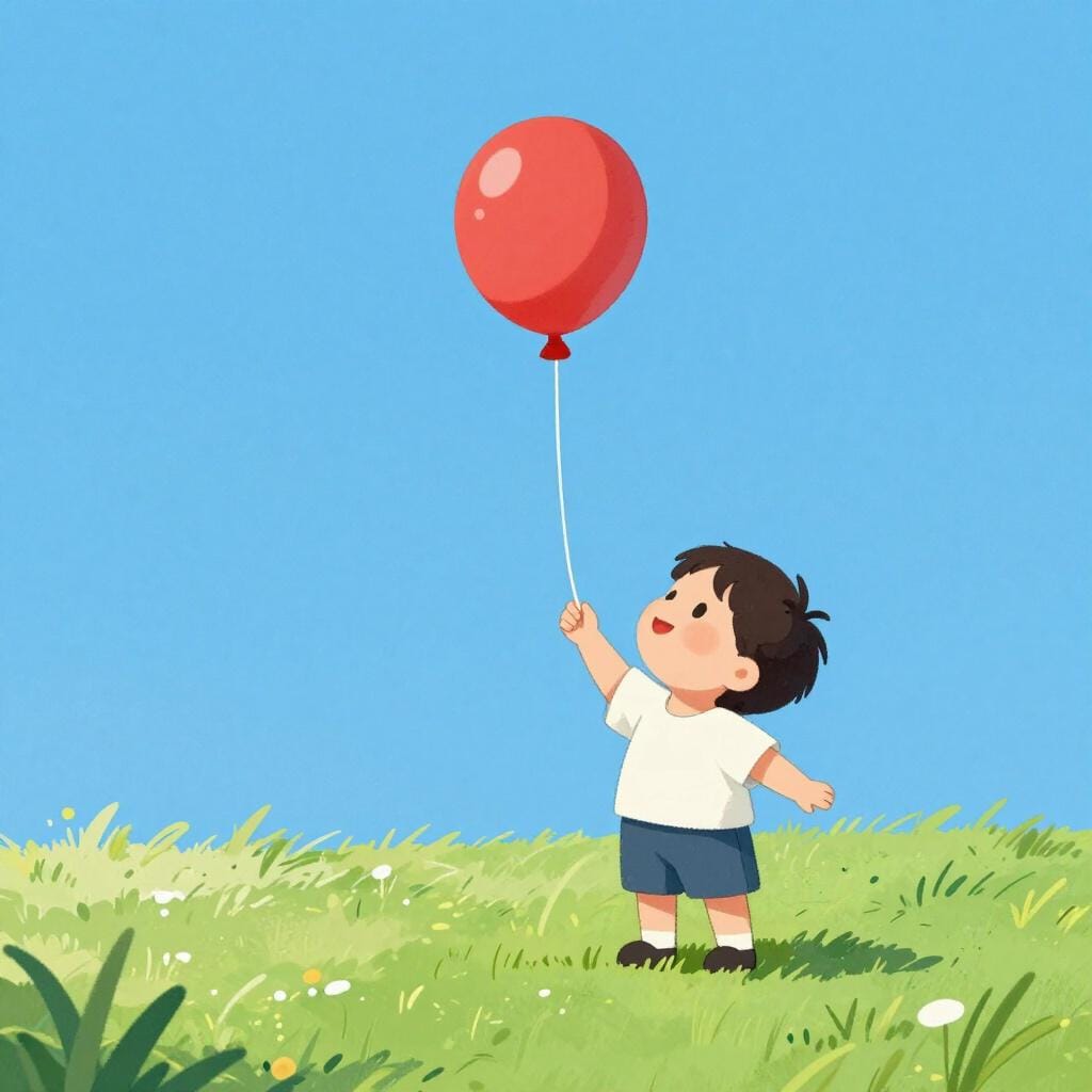 Een klein kind dat omhoog reikt naar een heldere, kleurrijke ballon die net buiten bereik zweeft.