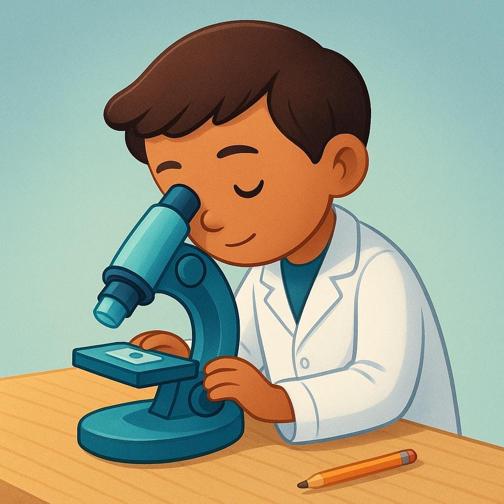 A focused person wearing a simple lab coat intently studying a tiny sample under a large, stylized microscope on a clean desk, symbolizing a specific field of study.