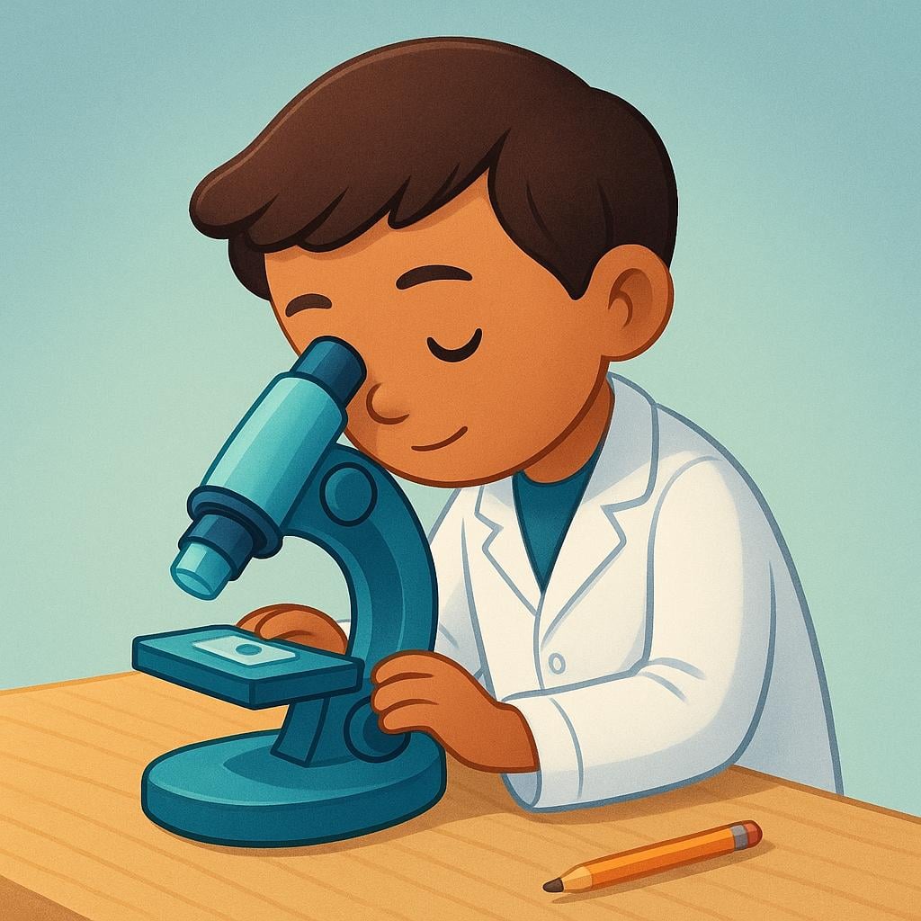 A focused person wearing a simple lab coat intently studying a tiny sample under a large, stylized microscope on a clean desk, symbolizing a specific field of study.
