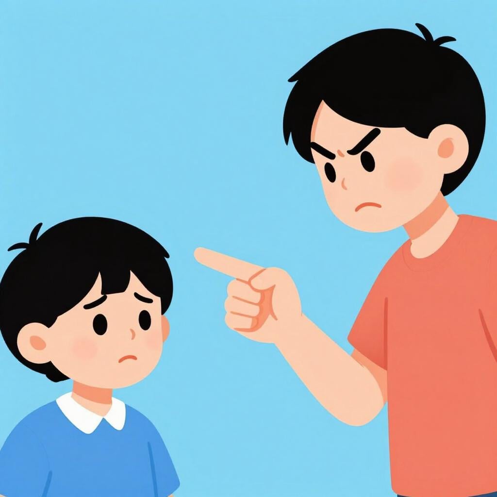 A colorful illustration of one person pointing an angry finger at another person who looks sad and hurt.