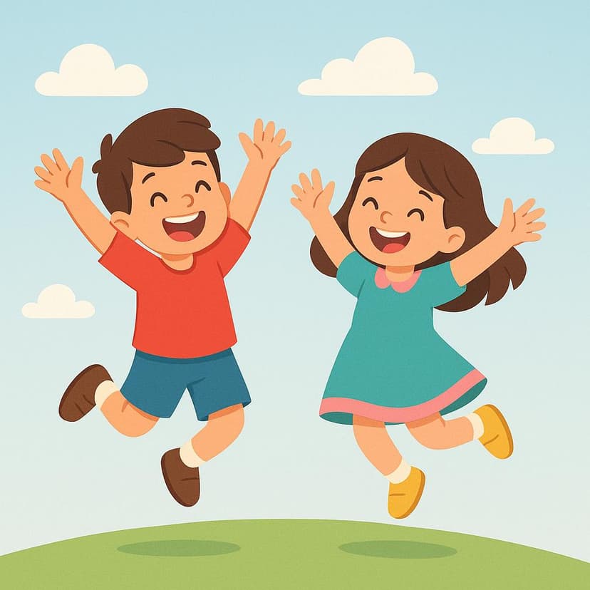 A colorful storybook illustration showing two children, a boy and a girl, jumping high in the air together, laughing and smiling brightly.