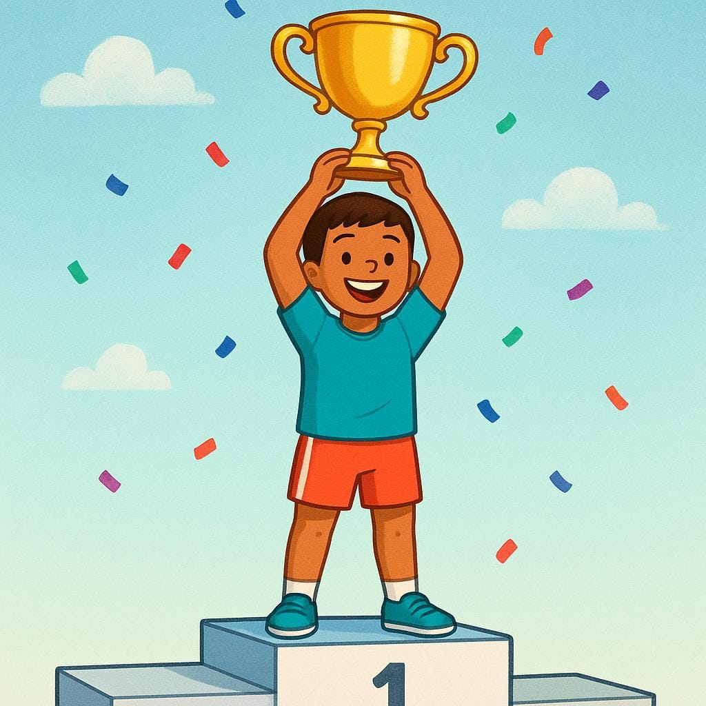 Un atleta in cartone animato in piedi sul gradino più alto di un semplice podio a tre livelli, alzando un trofeo d'oro.