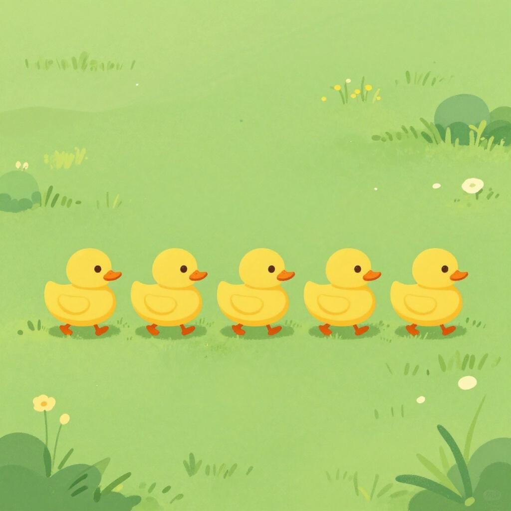 A row of colorful ducks walking in a straight line, one directly behind the other.