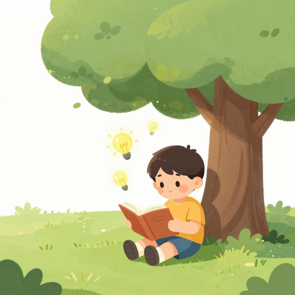 木の下に座って、頭の周りに電球がぼんやり光っている開いた本を思慮深く見つめている子供。