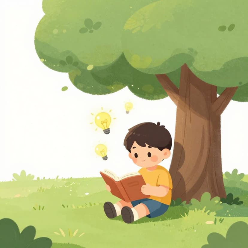 木の下に座って、頭の周りに電球がぼんやり光っている開いた本を思慮深く見つめている子供。