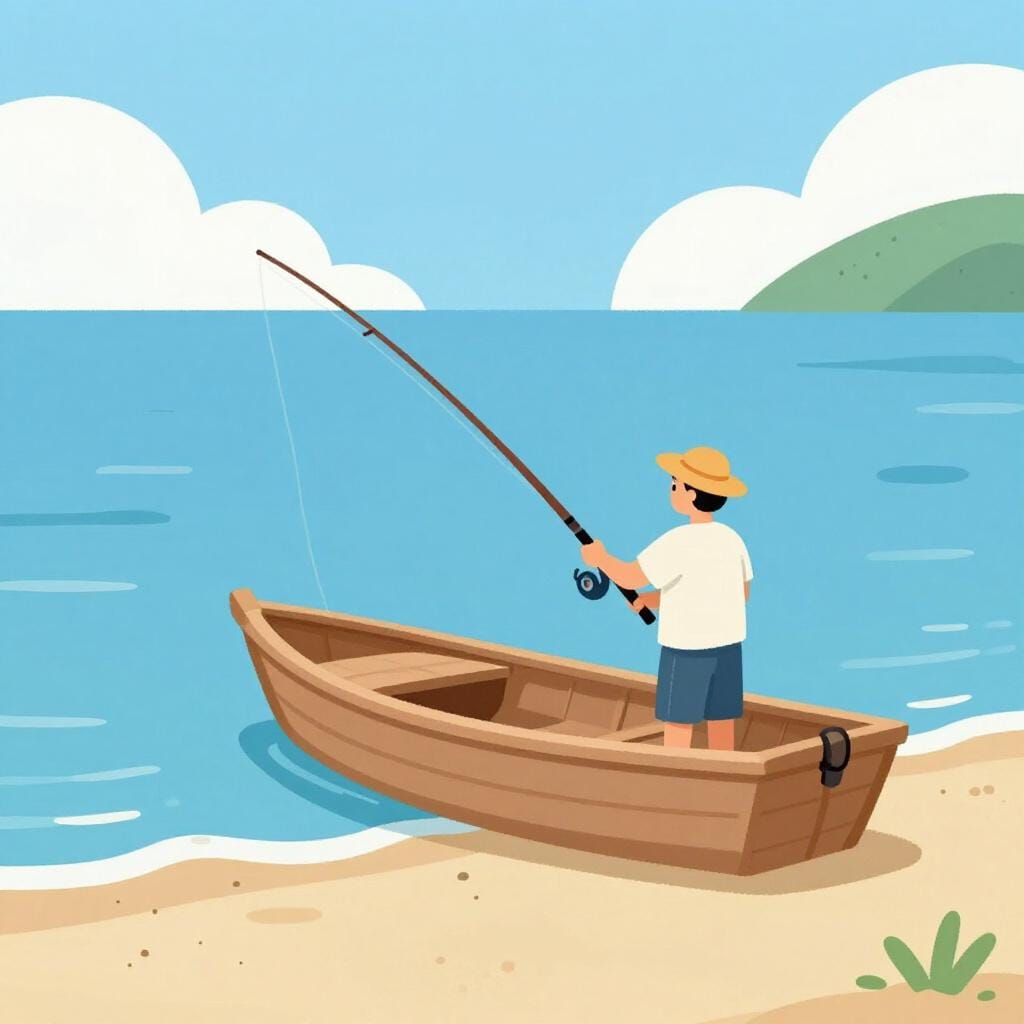 Ein Fischer in einem kleinen Holzboot in der Nähe eines Sandstrandes, der eine Angel hält.