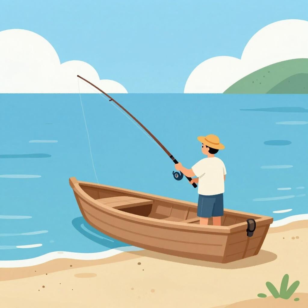 砂浜の近くの小さな木造船に乗った漁師が釣り竿を持っている。