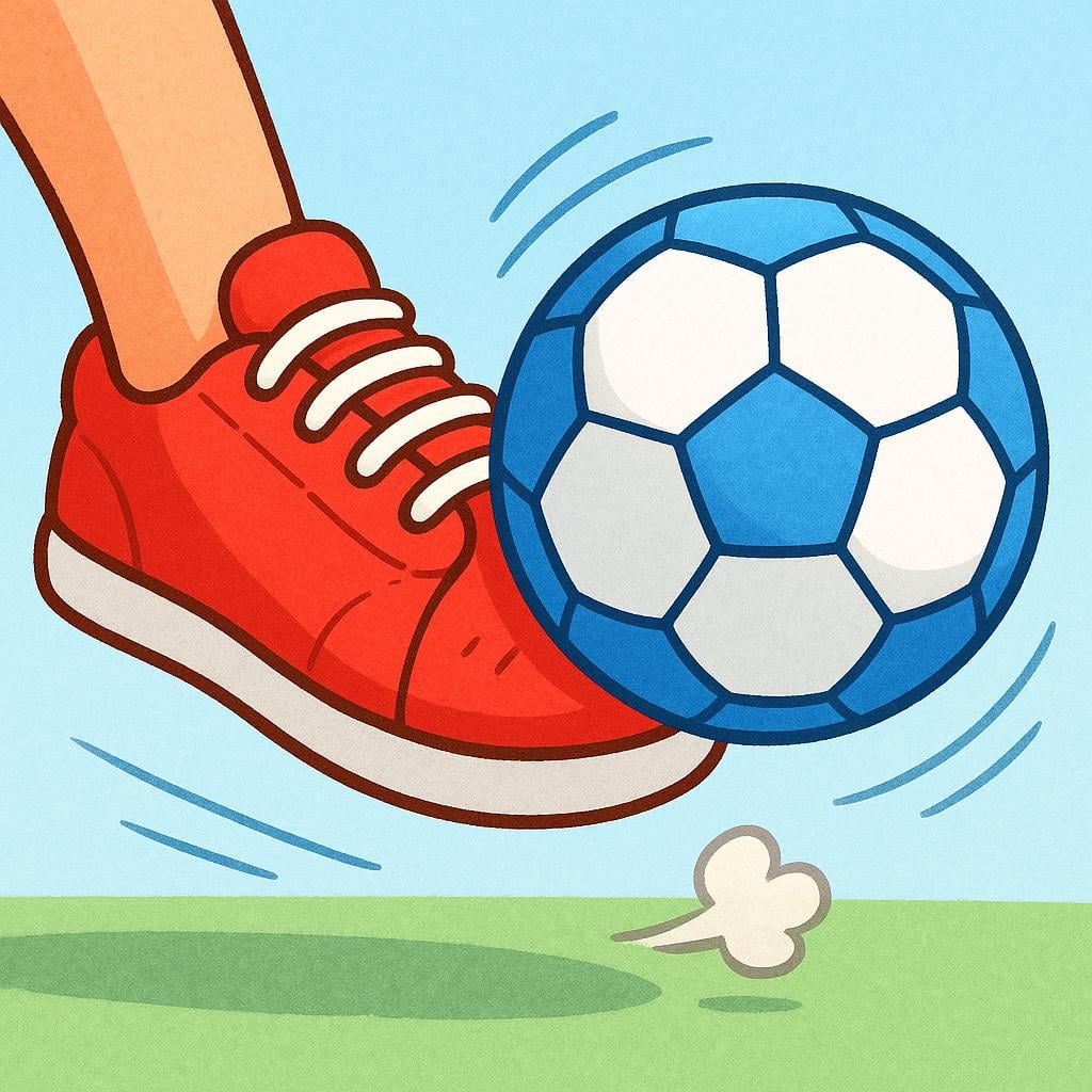 A person's foot, wearing a bright red sneaker, is mid-action, powerfully kicking a blue soccer ball across a green field.