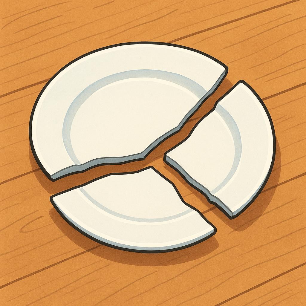 A white ceramic dinner plate that is clearly cracked and shattered into three large pieces on a wooden floor.